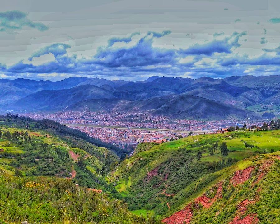 view of Cusco city in Peru with the surrounding Andes mountains in peru south america