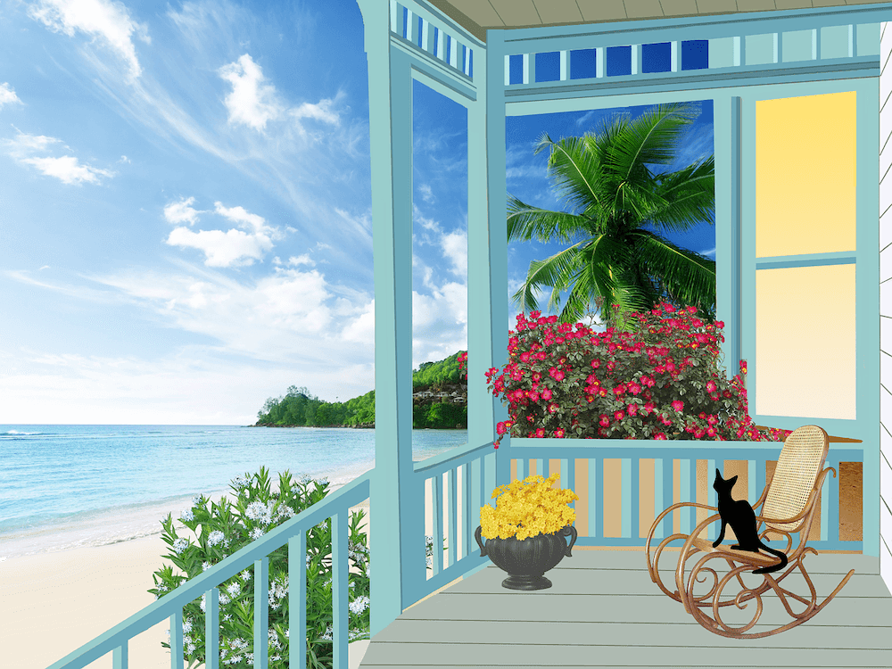 a cat sitting in the balcony alone on the house on a beach