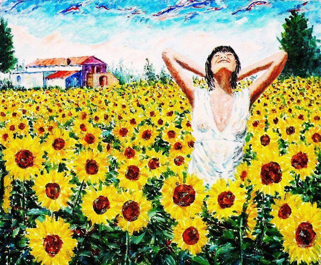GIOIA_E_VOGLIA_DI_VIVERE_-_Olio_su_tela_60_x_50_-_di_GaetanoartstMinale a smiling girl in a field of yellow bright sunflowers