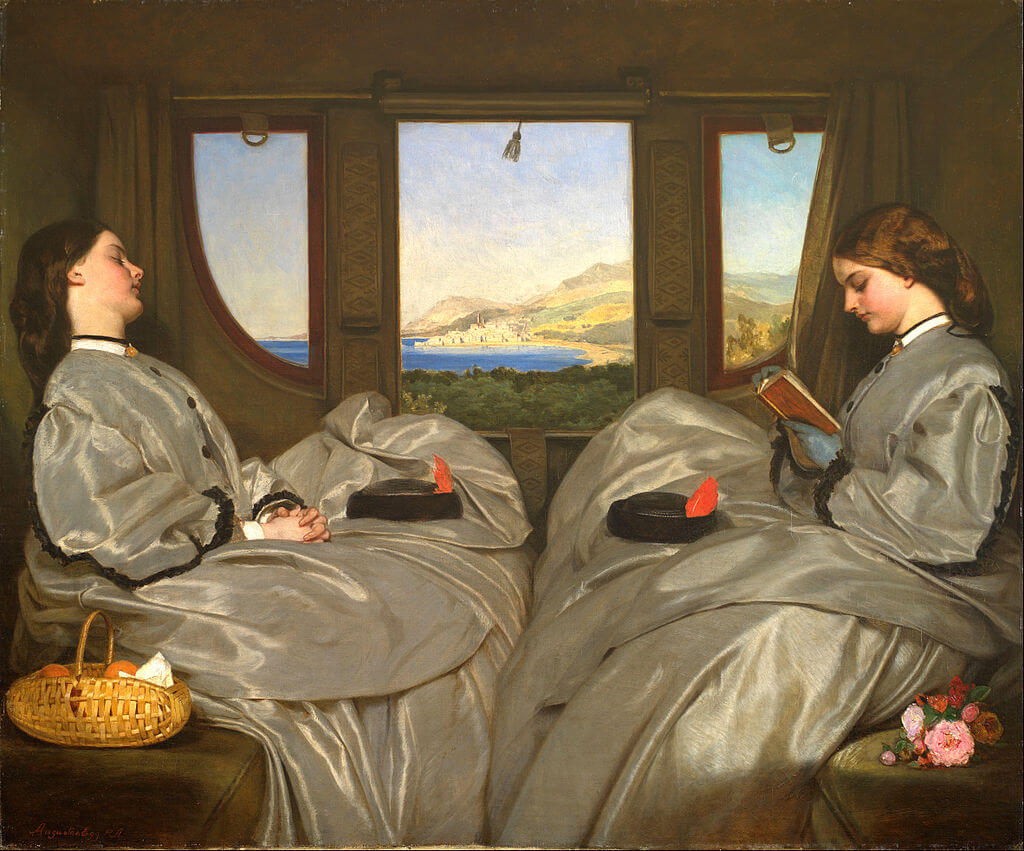 1024px-Augustus_Leopold_Egg_-_The_Travelling_Companions reading in a train compartment two girls sitting while the train goes through countryside (1)