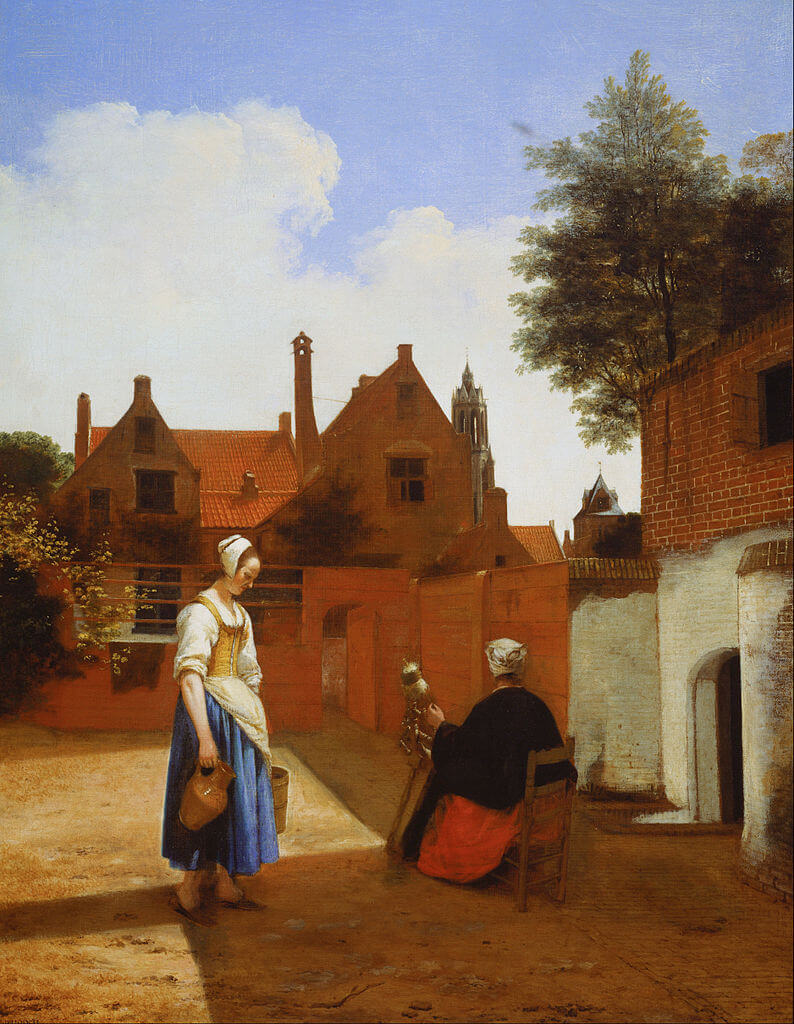 The Pandemic, Start of Our Indefinite Nomadic Journey, Crossing Barricaded Indian State Borders, Collective Helplessness, and Fundraiser Campaigns 5 794px Pieter de Hooch Courtyard in Delft at Evening a Woman Spinning domestic chores 1