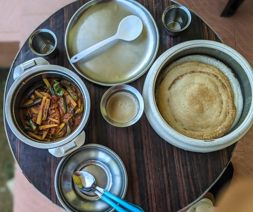 brinjal sambhar and plain dosa in madikeri karnataka