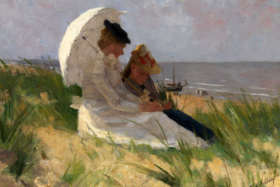 Ferdinand_Hart_Nibbrig,_On_the_dunes_in_Zandvoort two women sitting on the beach and looking at something
