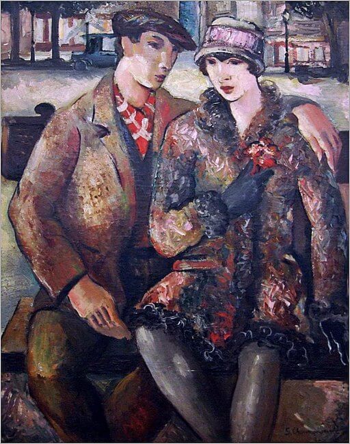 Sava_Šumanović_-_Pariska_ljubav,_1927 a couple sitting seriously on a bench