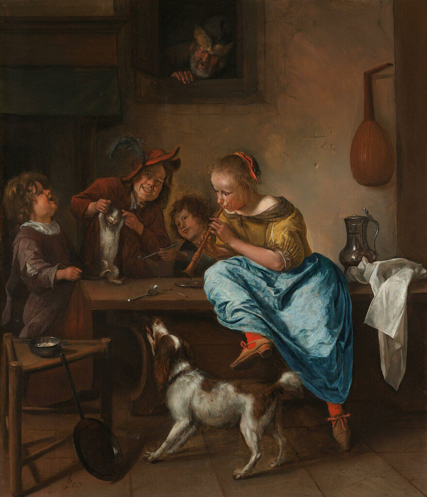 1024px-Jan_Havicksz._Steen_-_Kinderen_leren_een_poes_dansen,_bekend_als_'De_dansles'_-_ painting