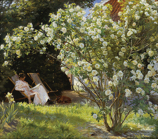 Peder Severin Krøyer, Public domain, via Wikimedia Commons] a woman sitting in a garden reading a book and in the forefront can be seen a large tree of white roses in full bloom used in article on books to change your life