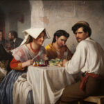 n_a_Roman_Osteria three people sitting at a table looking behind in an italian restaurant as if judging people small.