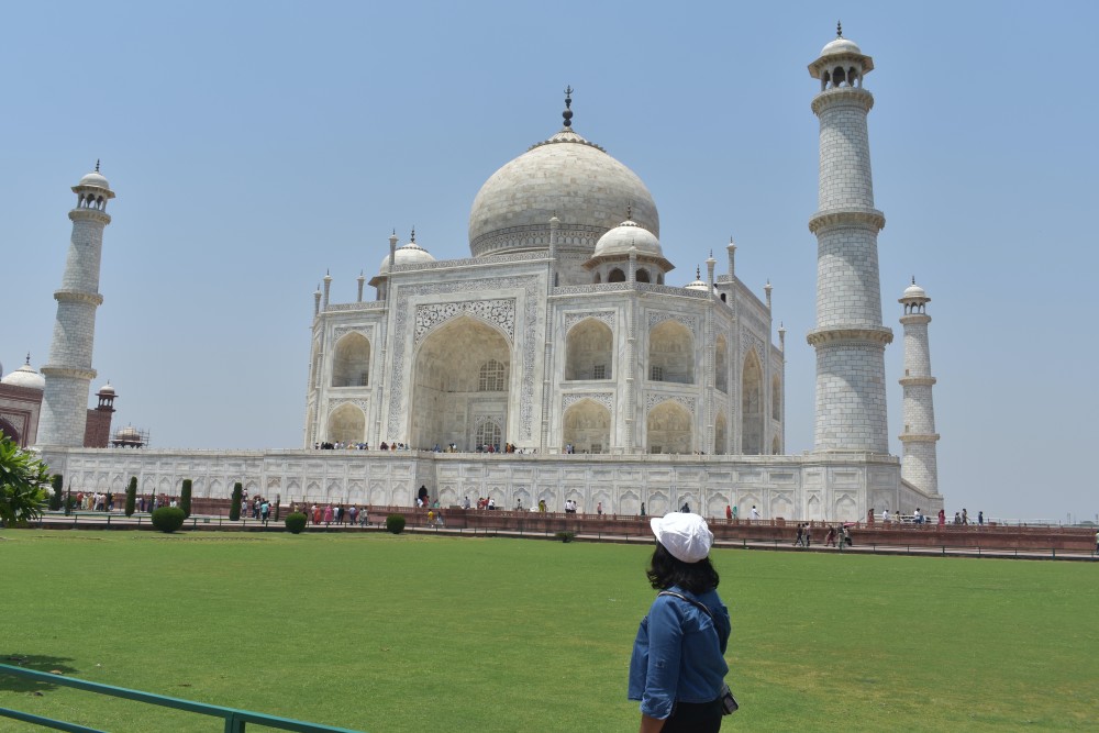 admiring the taj mahal in bright daylight in agra