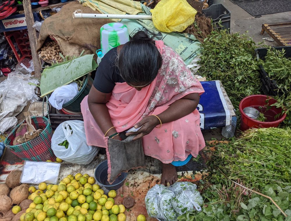 an indian grocery seller woman looking for money in her purse by the roadside in pondicherry