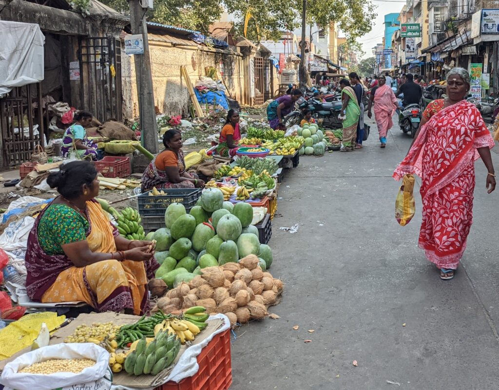 women buying, women selling, pondicherry street grocery market
