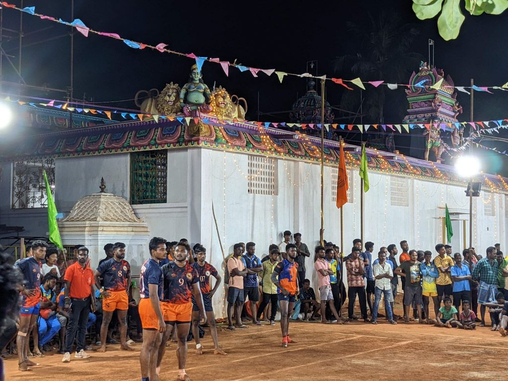 a men's kabbadi match under the vigil of goddess in pondicherry streets 