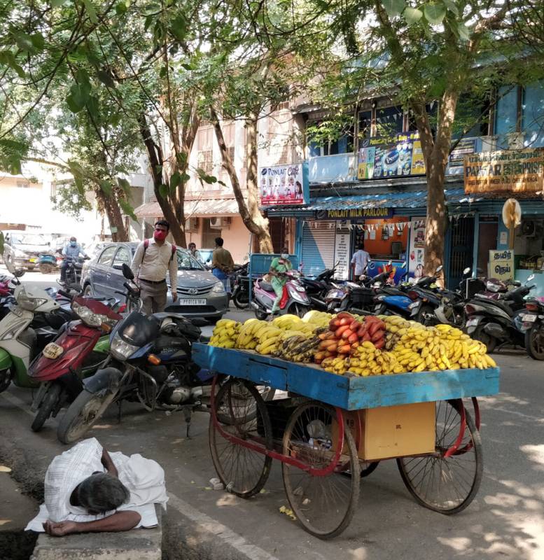 a typical scene in pondicherry banana cart