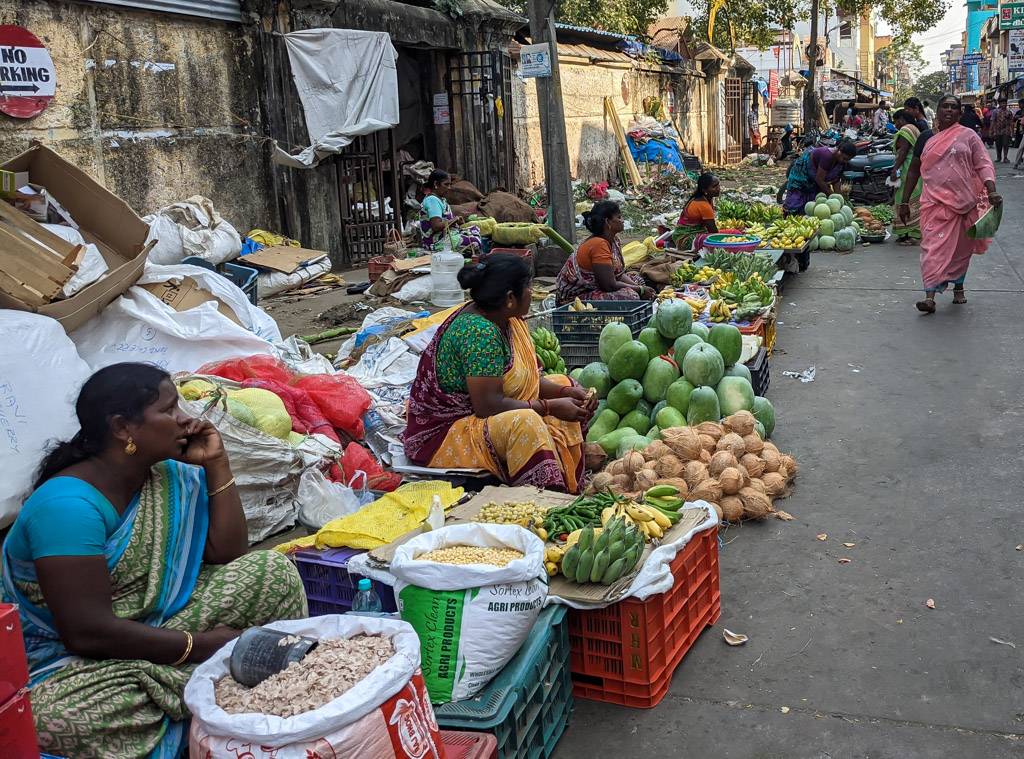 sari-clad women seller selling greens on a street of pondicherry