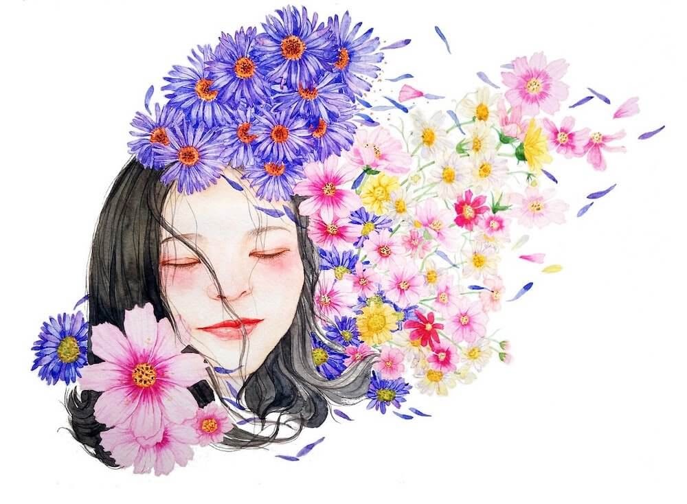 self reflection face of a woman surrounded by flowers