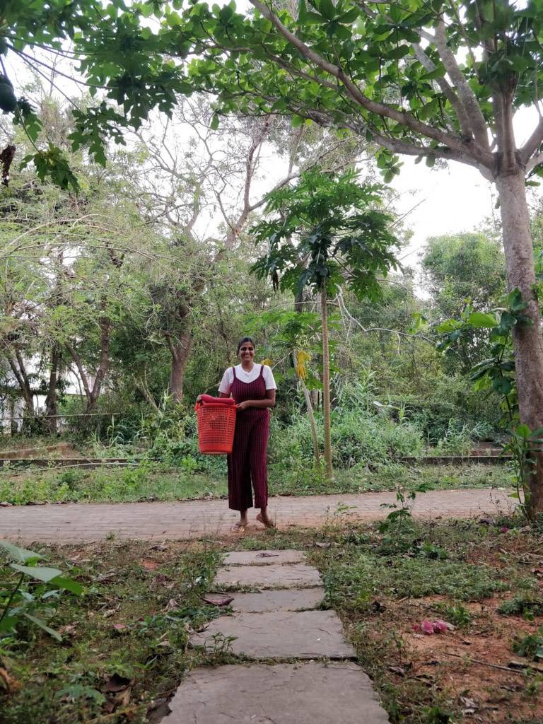 the author carrying laundry in a basket in a green forest in tamil nadu
