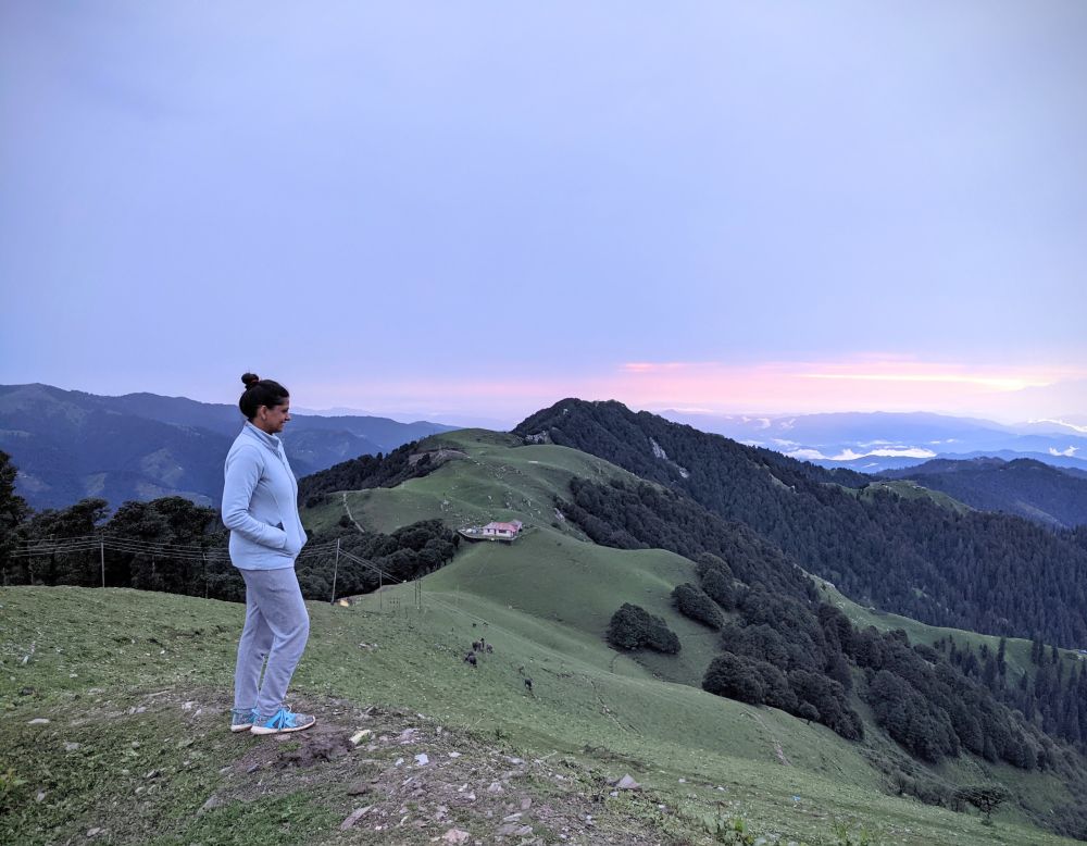 author standing at the mountain top with a pink purple sunset in the background, all around green mountain. Himalayas.