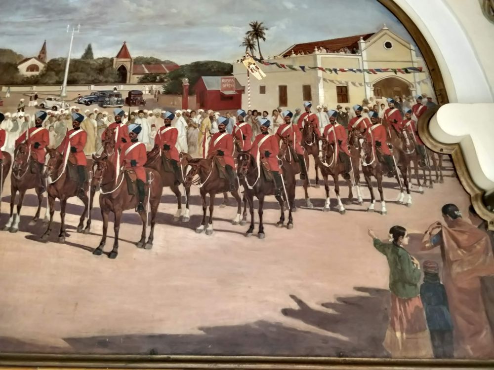 a painting at Mysore Palace. the men  on horse look like the soldiers of British East India Company