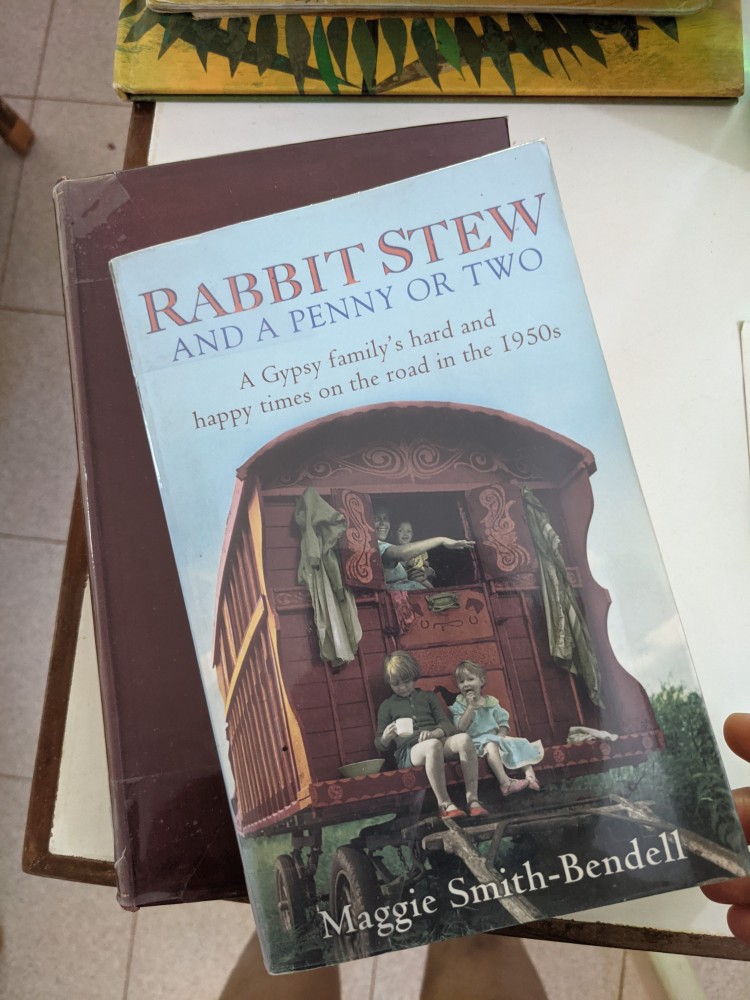 the book Rabbit Stew and a penny or two is kept on a table in the photo