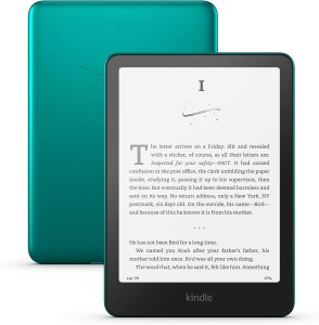 kindle paperwhite signature edition metallic jade with the page of a book open