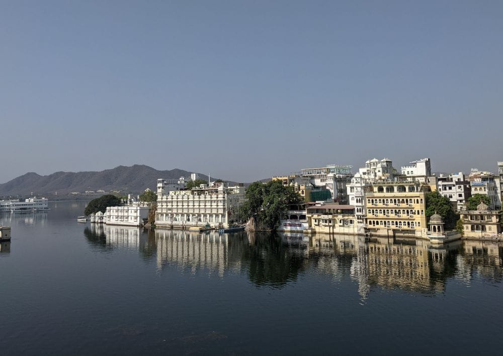 one of the views of the pichola lake with its important buildings udaipur