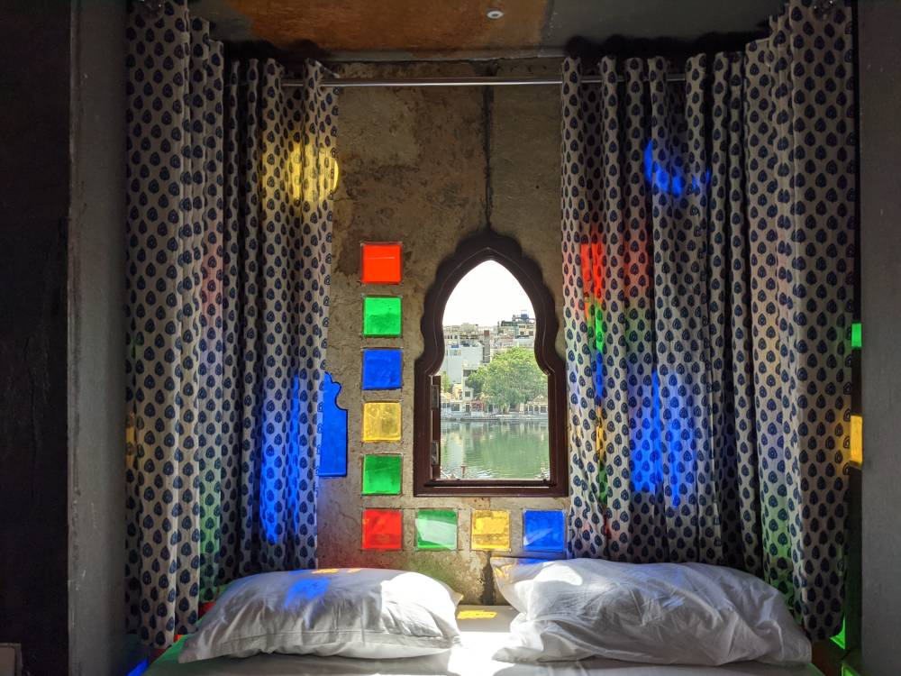 Our bedroom in hotel Panorama Haveli, Udaipur. It's not bad too have a lake to look out to.