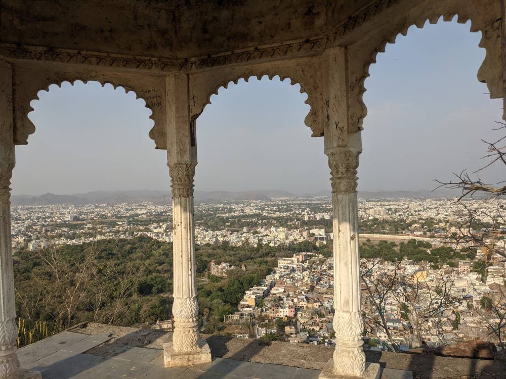 the view of udaipur from karni mata temple rajasthan